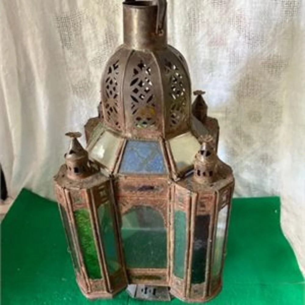 Vintage Moroccan Hanging Lantern Middle Eastern Metal Stained Glass Lamp Antique